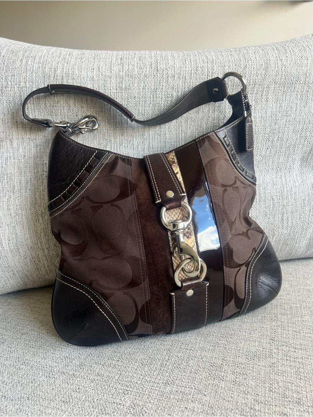 Coach Dark Brown Patchwork Logo Hobo with Silver Hardware